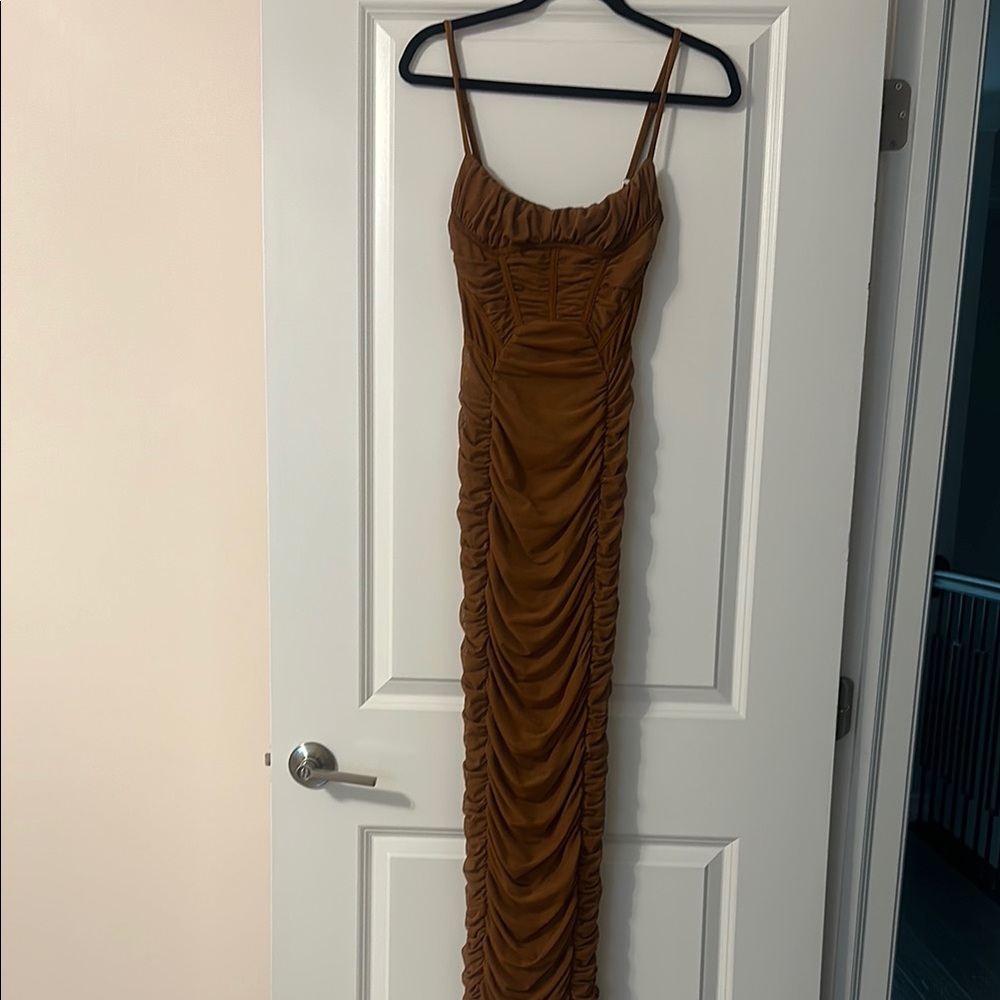 Elegant Brown Ruched Maxi Dress